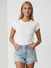 Casual Solid Color Round Neck T-Shirt, Versatile For Summer - White - View 3