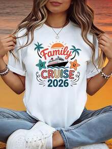 Camiseta de tema de crucero de la familia 2026 de las mujeres - barco de crucero estrella de mar palmera eslogan decoración de manga corta informal, colorido naranja-azul vacaciones cálidas familia crucero de viaje superior - Blanco - Ver 2
