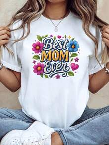 Best Mom Ever Women's T-Shirt - Floral Print Short Sleeve With "Best Mom Ever" Text, Spring Summer Casual Blouse Suitable For Mother's Day Gifts, Family Matching Outfits, Machine Washable Non-T-Shirt - 白色 - 查看 1