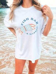 Camiseta Casual Premium para Mujer - Diseño "Patrón de Pez Saltando", mangas cortas estilo playa y cuello redondo, corte regular cómodo, top de verano transpirable, adecuada para salidas diarias y viajes a la playa, top casual. |   Camiseta de cuello redondo |   Estilo cómodo, camisa de playa, camiseta de playa, ecológico - Blanco - Ver 7