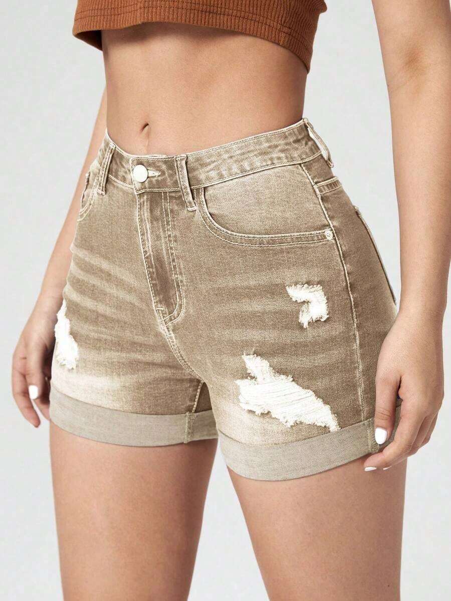 Pantalones Cortos De Mezclilla Con Borde Deshilachado - Caqui - Ver 1