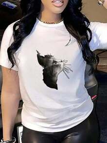 Cat And Moon Print T-Shirt, Casual Short-Sleeved Crew Neck T-Shirt For Spring And Summer, Ideal For Parties, Vacations, The Beach And Everyday Wear - 白色 - 查看 1