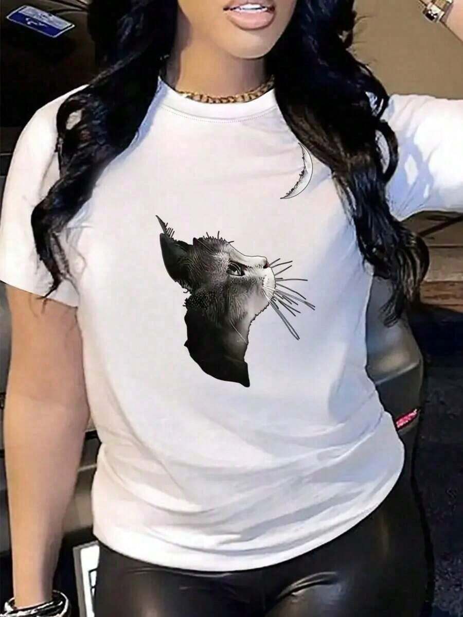 Cat And Moon Print T-Shirt, Casual Short-Sleeved Crew Neck T-Shirt For Spring And Summer, Ideal For Parties, Vacations, The Beach And Everyday Wear - 黑色 - 查看 1