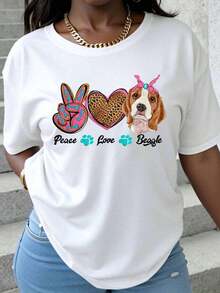 Peace Love Beagle T-Shirt Featuring A Colorful Peace Symbol, Leopard Print Heart, And An Adorable Beagle Design For Dog Lovers And Pet Owners. Perfect For Casual Wear And Dog-Themed Events. Breathable And Comfortable. - 白色 - 查看 6