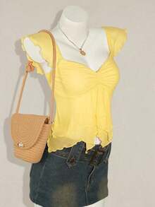 Top sin mangas con volantes, escote con pliegues, ajuste ceñido, parches de malla sexy, espalda con lazo, top casual de vacaciones - Amarillo claro - Ver 5