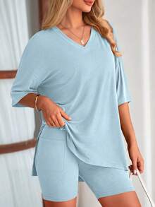 PRETTYGARDEN Women's Summer Clothes 2 Piece Sets Lounge Set Casual Oversized Shirts Biker Shorts Matching Airport Travel Sweatsuit Set Women Vacation Outfit Summer Brunch Outfits For Women - 淺藍 - 查看 3
