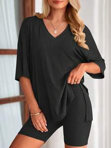 PRETTYGARDEN Women's Summer Clothes 2 Piece Sets Lounge Set Casual Oversized Shirts Biker Shorts Matching Airport Travel Sweatsuit Set Women Vacation Outfit Summer Brunch Outfits For Women - 深黑色 - 查看 4