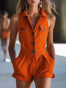 New Summer Women's Short Jumpsuit, Fashionable, Cowboy Style, Sleeveless, V-Neck, Button Front, Flattering Design, Perfect For Casual And Daytime Looks - Orange-red - View 2