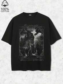 Camiseta casual de cuello redondo para hombre con gráfico de castillo de terror negro - Negro 2 - Ver 1