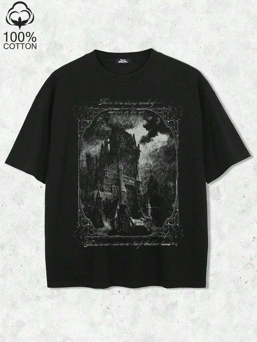 Camiseta casual de cuello redondo para hombre con gráfico de castillo de terror negro - Negro 2 - Ver 1