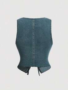 Chaleco vaquero ajustado de estilo casual de los años 70 con lazo delantero, azul, vintage - Azul lavado oscuro - Ver 2