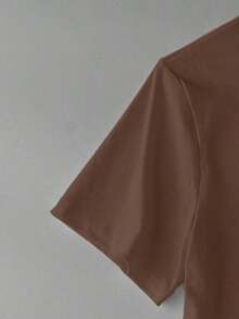 Camiseta de manga corta de uso diario versátil y casual con cuello redondo, bordado floral y decoración de perlas de imitación para mujeres - Café integral 2 - Ver 3