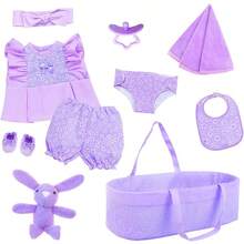 10-Piece 18-Inch Baby Doll Basket Set Includes Doll Clothes, Bassinet, Doll, Bibs, And Pacifiers. A Great Gift For Girls, Baby Dolls, Children's Toys, Party Favors, Doll Accessories, And Holiday Gifts. - Màu tím - Xem 4