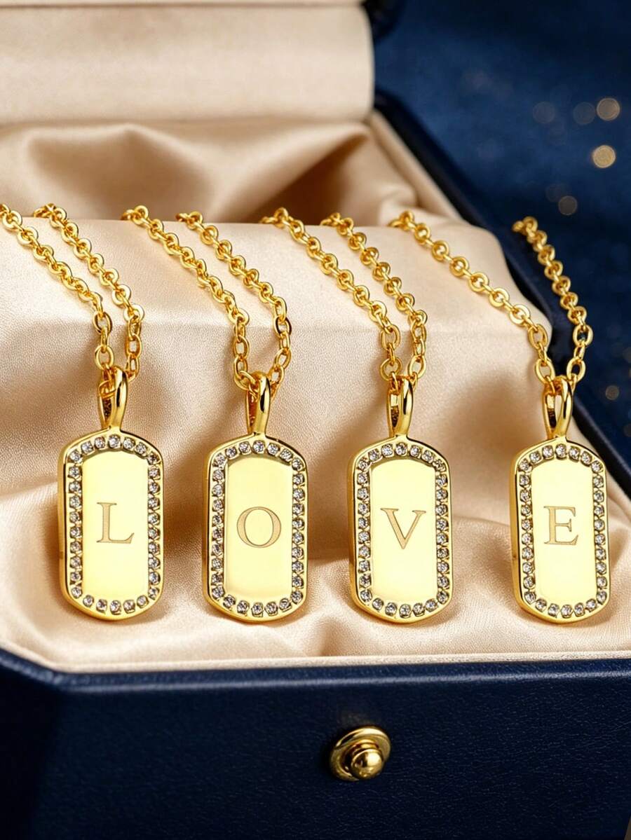 Damen Halskette mit rechteckigem Anhänger in goldfarbener Beschichtung mit Buchstabe "A" (mit Zirkonia eingefasst), personalisiertes Ketten-Design mit Buchstabe "O", geeignet für täglichen Gebrauch und Bürokleidung, alle 26 Buchstaben erhältlich - Gold - View 1