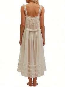 Women See Through Flowy Long Dress Sleeveless Ruffle Sheer Mesh Maxi Beach Dress Vocation Bikini Coverups - White - View 4