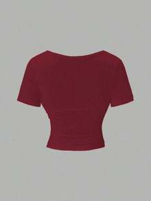 Camiseta corta de verano para mujer de unicolor, con escote en V cruzado, manga corta y ajustada, para uso casual y de vacaciones - Rojo - Ver 2