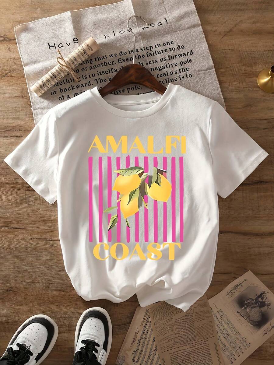 Plus Size, Vacation Style T-Shirt With Lemon Print Of The Amalfi Coast, Short Sleeves, Crew Neck, Casual Top, Spring/Summer Style, Plus Size Women's Clothing.Summer Tops - White - View 1