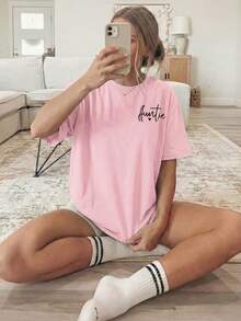Women's T-Shirt With Double-Sided Front/Back Print - Short Sleeve, Round Neck, Casual Style, Suitable For Casual Wear, Machine Washable, With "Auntie" And Heart Print, Non-Blouse Style For Layering Or Wearing As A Top, 100% Cotton - 粉色 - 查看 4