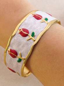 1 pieza Brazalete vintage de esmalte con flor, brazalete de puño abierto con patrón de tulipán de gota de aceite colorido, accesorio para fiesta de jardín - Multicolor - Ver 7