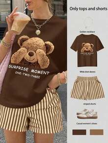 2 piezas Conjunto casual de mujer con camiseta con estampado de leopardo y lazo decorativo + shorts a rayas - Café integral - Ver 1