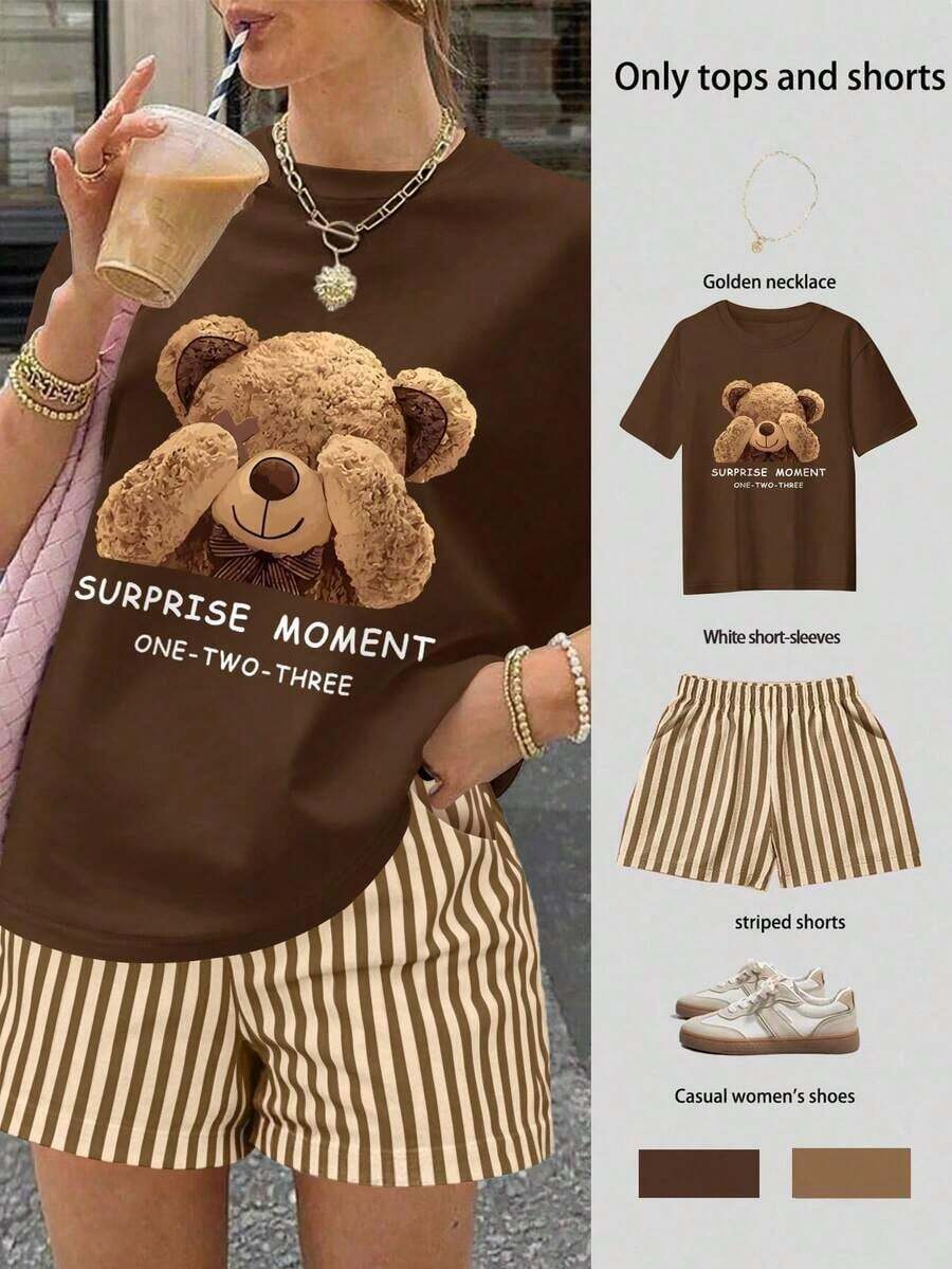 2 piezas Conjunto casual de mujer con camiseta con estampado de leopardo y lazo decorativo + shorts a rayas - Café integral - Ver 1