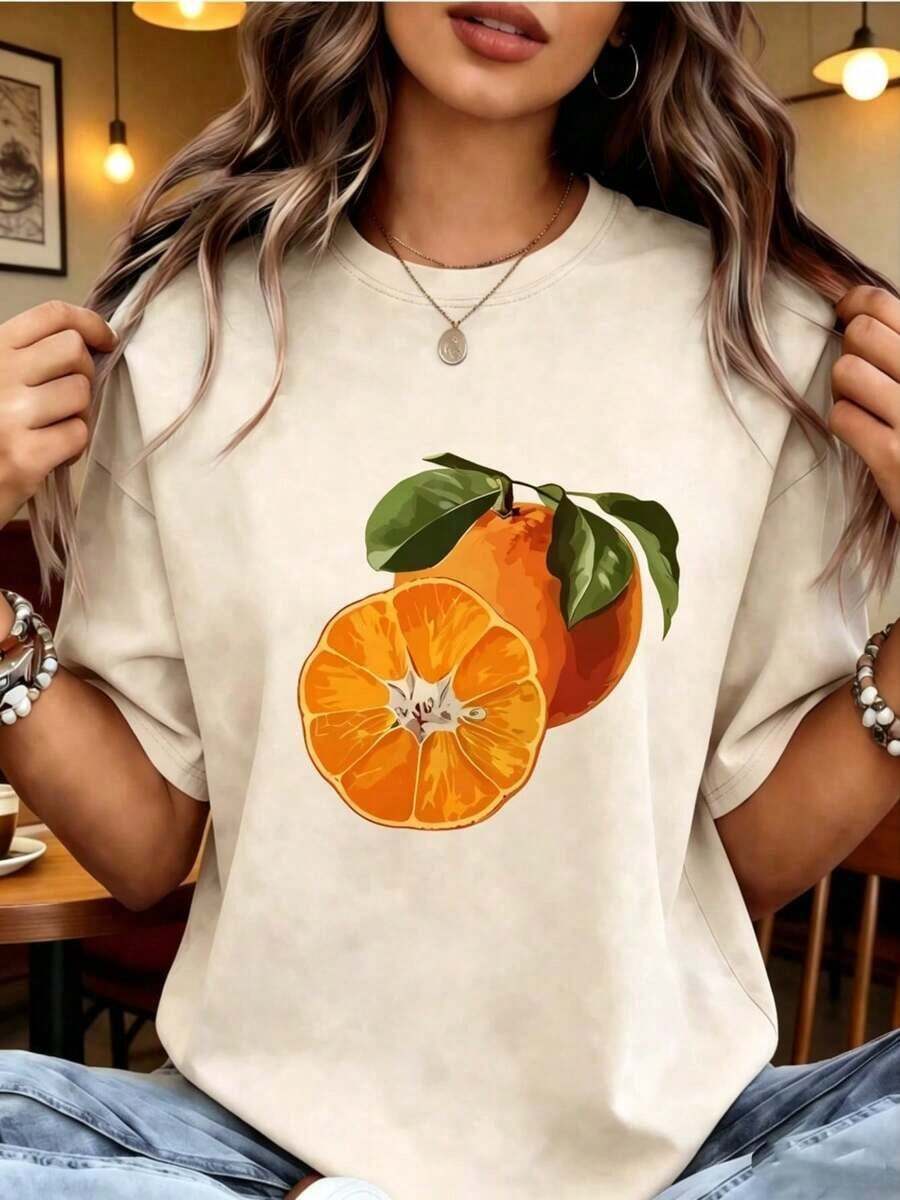 Gift | 1 Women's T-Shirt 100% Breathable Cotton | Bright Pink Short Sleeve Casual T-Shirt For Women - Soft Polyester Crew Neck Top With Vibrant Orange Slice And Leaf Geometric Print, Machine Washable For Spring Summer Casual Wear, Fruit Print T-Shirt, All Season Fabric - Ideal For Summer - 杏 - 查看 1