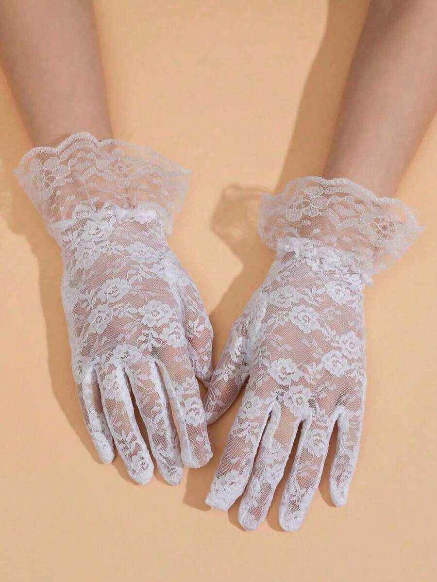 1 Pair Of Women's White Lace Trim, Sexy Short Gloves, Bridal Wedding Gloves, Party Decoration Gloves, - View 1