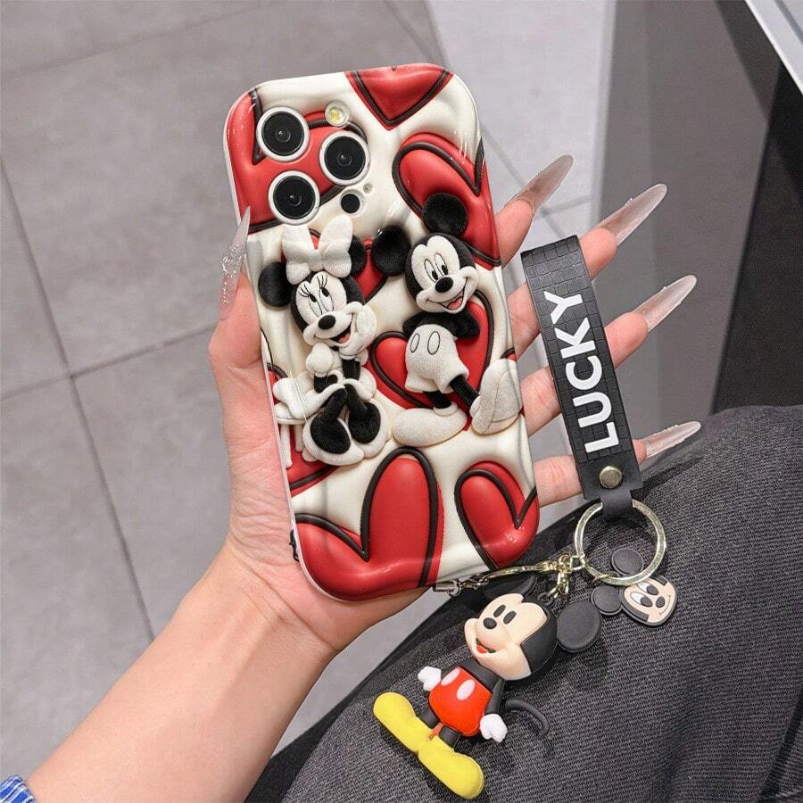 Disney Mickey Mouse Clubhouse Phone Case : 3D Fluffy Pattern Border Protector Phone Soft Phone Case With A Free Cute Mickey Bracelet Chain Lanyard, Mickey, Minnie, Goofy, Donald Duck, Daisy Duck, Pluto, For Apple 17 Promax 17 Pro 16 15 14 13 12 11 Pro Max XS Max X XR Soft Cover Summer Phone Case - trắng - Xem 1