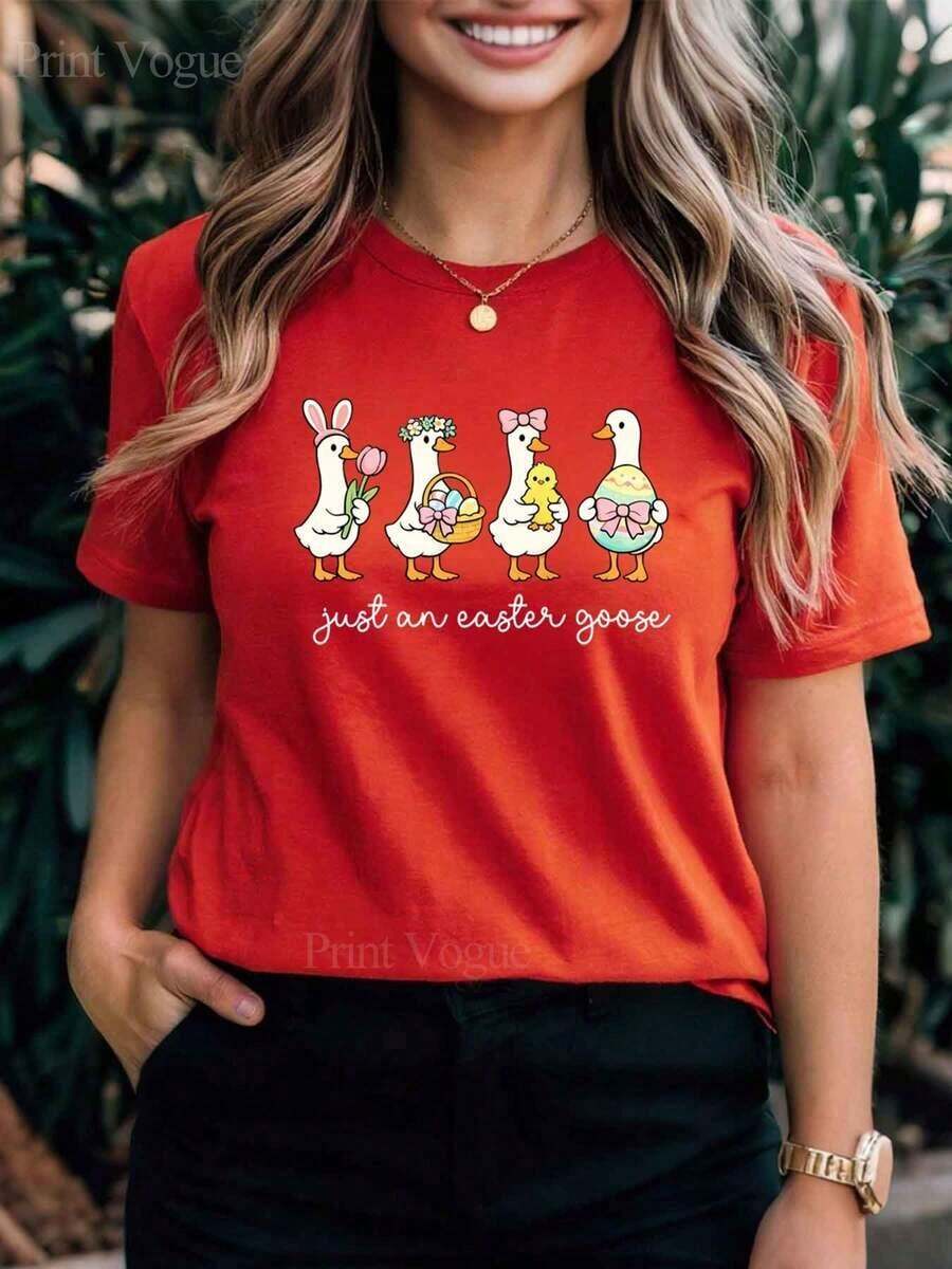 Camiseta de Mujer y Unisex con Estampado de Huevos de Pascua, Ganso y Pollito - Blusa Casual de Manga Corta y Cuello Redondo para Primavera, Verano y Otoño - Camiseta Compatible para Atuendos Casuales, Lavable a Máquina, Regalo, Top Transpirable y Cómodo - Tops de Primavera - Tops de Verano - Ropa de Vacaciones para Mujer - Tops de Pascua para Mujer - Ropa de Verano 100% Algodón - Estilo Vintage Urbano Unisex, Camiseta de Manga Corta de Algodón Suelto con Cuello Redondo - Blusas para mujer. blusas.blusas casuales para dama. - Rojo - Ver 1