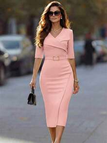 Vestido ajustado con cuello en V cruzado, sin mangas, hebilla metálica y abertura para mujer - Rosa - Ver 5