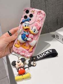 Disney Mickey Mouse Clubhouse Phone Case : 3D Fluffy Pattern Border Protector Phone Soft Phone Case With A Free Cute Mickey Bracelet Chain Lanyard, Mickey, Minnie, Goofy, Donald Duck, Daisy Duck, Pluto, For Apple 17 Promax 17 Pro 16 15 14 13 12 11 Pro Max XS Max X XR Soft Cover Summer Phone Case - White - View 4