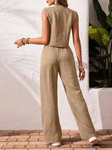 Frenchy Set de 2 piezas para mujer de top sin mangas y pantalones de estilo casual con un solo botón, para verano - Caqui - Ver 2