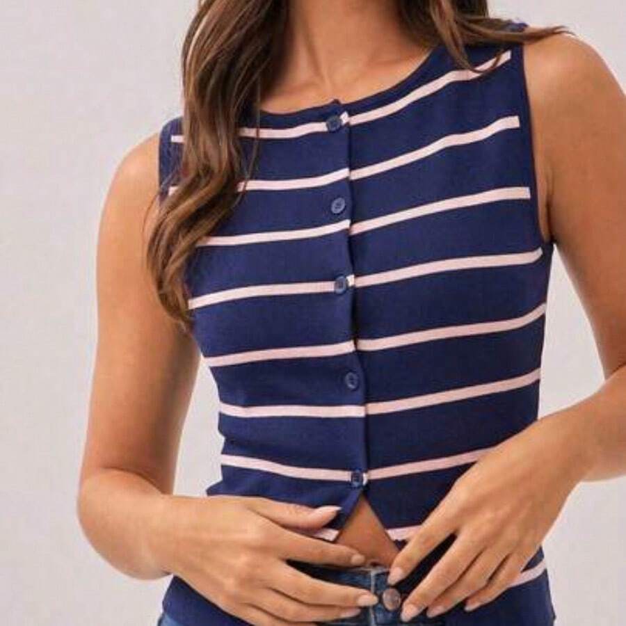 Boatneck Button Front Split Hem Fitted Sleeveless Striped Cardigan Knit Top Spring, Resort Wear, Summer, Festival, Country Music Concert Outfit, Western Wear For Women, Casual, Cute, Boho, Vacation, Beach - azul real - Ver 1
