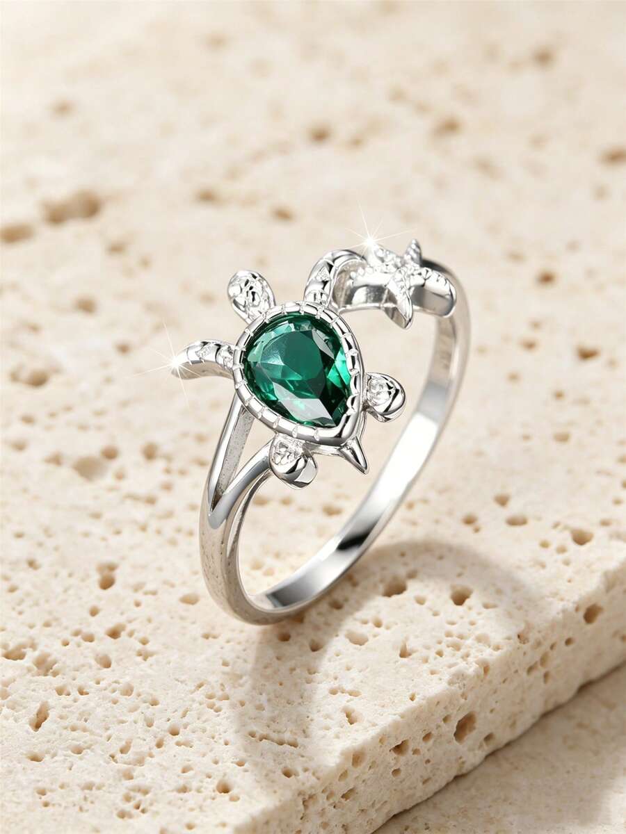 1pc Cute 925 Sterling Silver Green Zirconia Turtle Ring, Personalized Jewelry Gift For Women, Suitable For Date & Party - Green - View 1