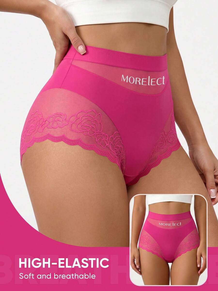 MEIYATING Women's High Waist Panties With Tummy Control, Mesh & Lace Trim, Lightweight Breathable Comfortable, English Fashion Print Accent For Daily Wear