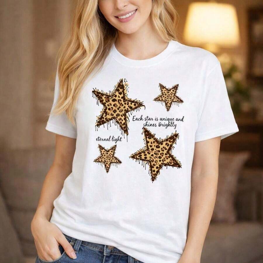1 Piece Women's Pure Cotton T-Shirt With Leopard And Star Print - Unique Star Design, Short Sleeves, Casual Loose Fit, Round Neck, Sizes S-5XL, Animal Print Design, Each Star Shines Brightly, Comfortable Top For Everyday Wear. Short-Sleeved Printed T-Shirt, Casual And Stylish For Women. - 白色 - 查看 1