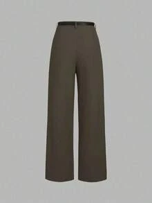 Pantalones rectos de cintura media de unicolor elegante con cinturón, negro, primavera - Granada - Ver 5