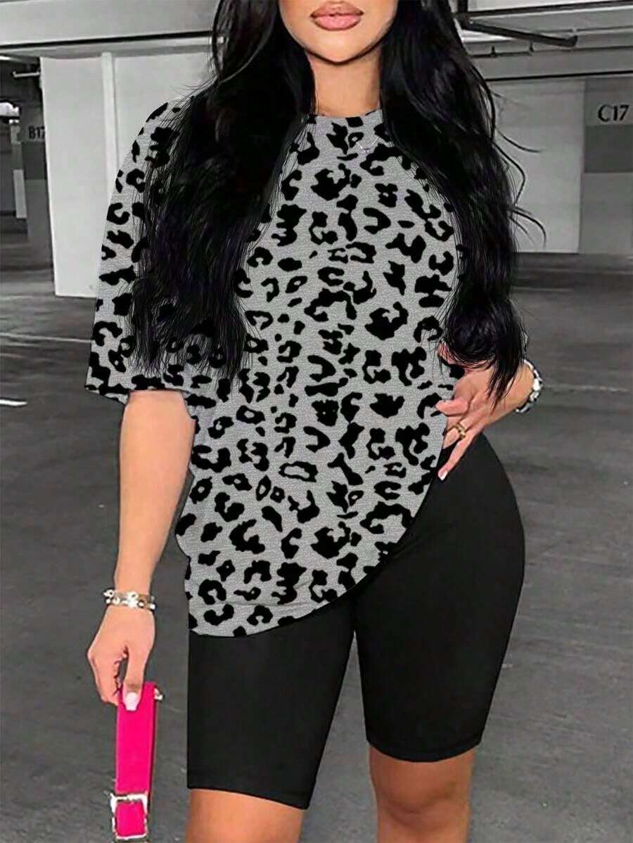 Nueva camiseta casual de mujer con cuello redondo y estampado de leopardo - Multicolor 3 - Ver 1