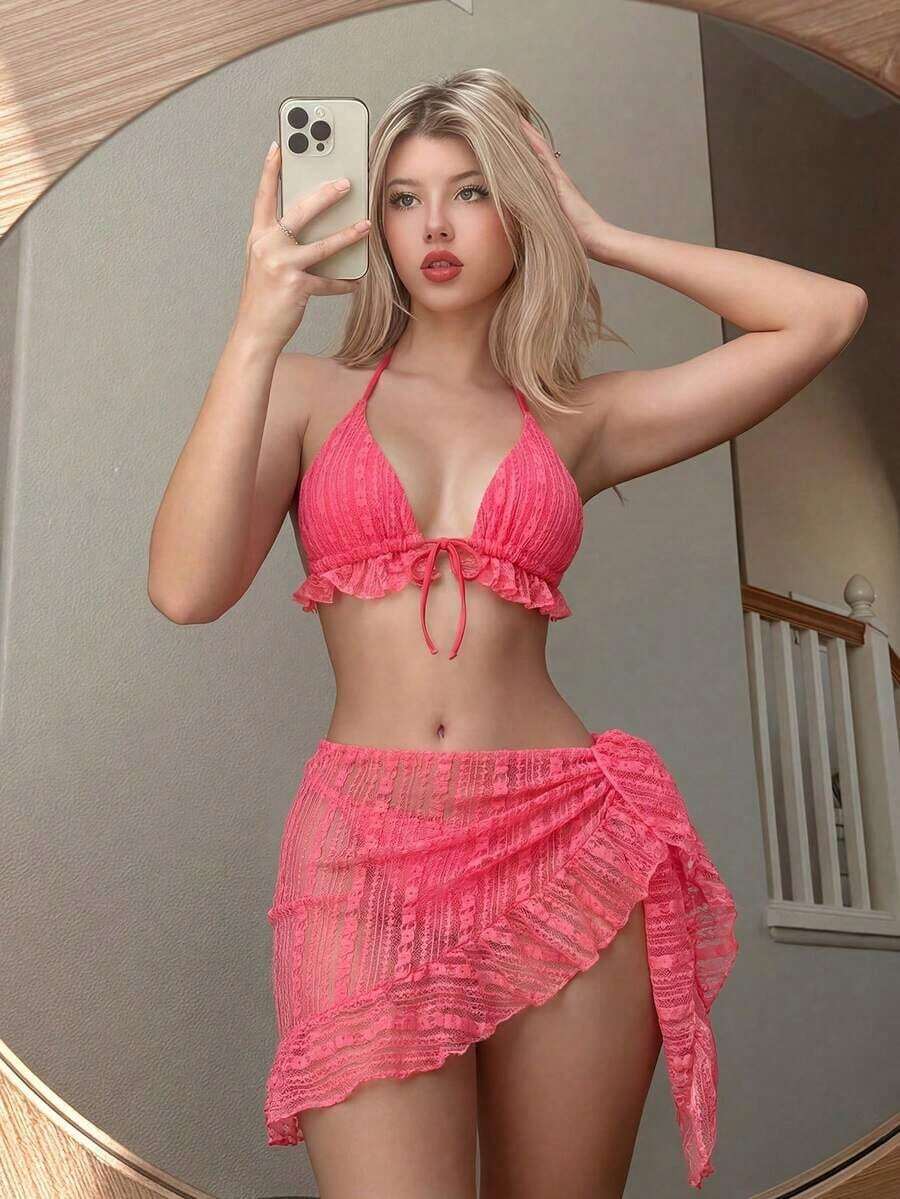 Swim Mod Set de 3 piezas de ropa de baño de verano para mujer - Rosado Sandía - Ver 1