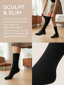 1 paire de chaussettes hautes pour femmes, chaussettes au-dessus du genou épicées et douces, convenant au printemps, à l'été et à l'automne, chaussettes mi-mollet de couleur unie, convenant aux temps froids, chaussettes hautes, style académique britannique, chaussettes fines à haute élasticité - Noir - Voir 4
