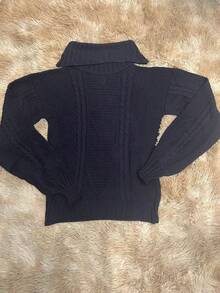 Women's High Neck Knit Sweater - Comfort And Style For Winter - Navy Blue - View 2