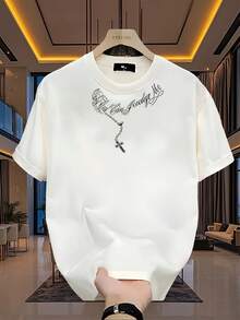 Camiseta de manga corta estampada a para hombre, de algodón de peso pesado para verano, estilo coreano y japonés, prenda masculina versátil. - Blanco - Ver 1