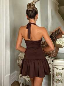 1pc Solid Color Casual Elegant Party Knit Fabric Ruffle Hem Dress, Vacation Beach Holiday Spring/Summer - Coffee Brown - View 2