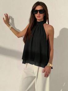 Camiseta sin mangas de gasa con cuello halter, fruncida y con línea A, de estilo bohemio minimalista y sexy en color púrpura ciruela, para primavera/verano - Negro - Ver 5