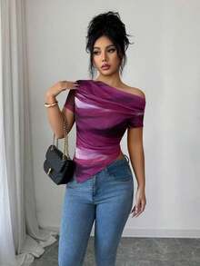 Camiseta de mujer de manga corta con hombro asimétrico y estampado de teñido anudado de moda - Rosa Fucsia - Ver 4