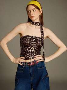 Top de bandeau fruncida con estampado de leopardo y bufanda - Multicolor 2 - Ver 5