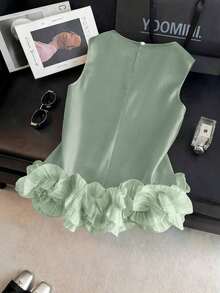 Blusa sin mangas de satén con doble capa y volantes, elegante, adecuada para salidas y citas de primavera/verano - Verde - Ver 2