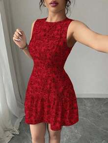 Vestido mini elegante de estilo bohemio con estampado floral, sin mangas y cintura ceñida para mujeres, conjunto de verano con acabado tejido al estilo francés para graduaciones, primavera/verano - Rojo 2 - Ver 4