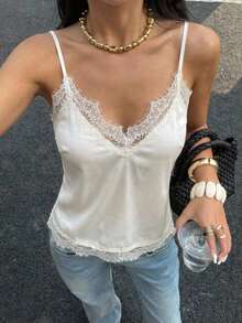 Camiseta de tirantes de mujer de verano, de unicolor con parches de encaje - Beis - Ver 8