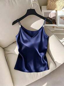 Elegante camiseta de satén con escote en V francés delicado y decoración de perlas, adecuada como prenda de superposición para mujeres - Azul marino - Ver 3